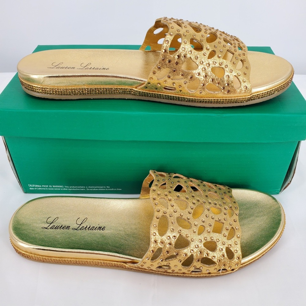 Lauren Lorraine Byanka Gold Rhinestone Laser Cut Slide Sandals Womens Size 9 New